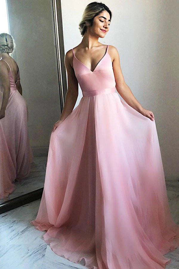 Prom Dresses Stores Flowing A-Line V-Neck Backless Pink Chiffon Long Prom Party Dress Formal Women's Dresses