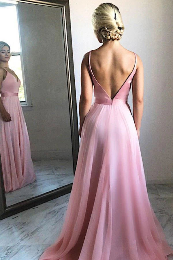 Prom Dresses Stores Flowing A-Line V-Neck Backless Pink Chiffon Long Prom Party Dress Formal Women's Dresses