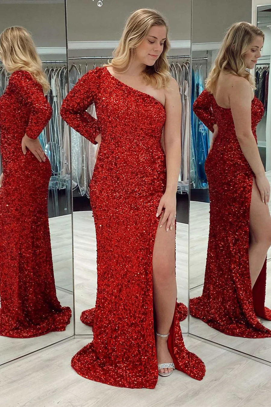 Robe de bal longue à une épaule et manches longues, à paillettes et fente