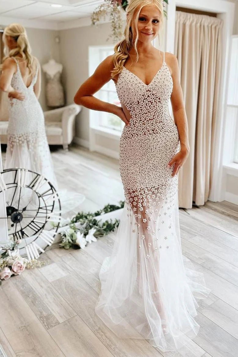 Vestido de fiesta largo de sirena con tirantes finos, tul transparente, margaritas y flores, con cuentas