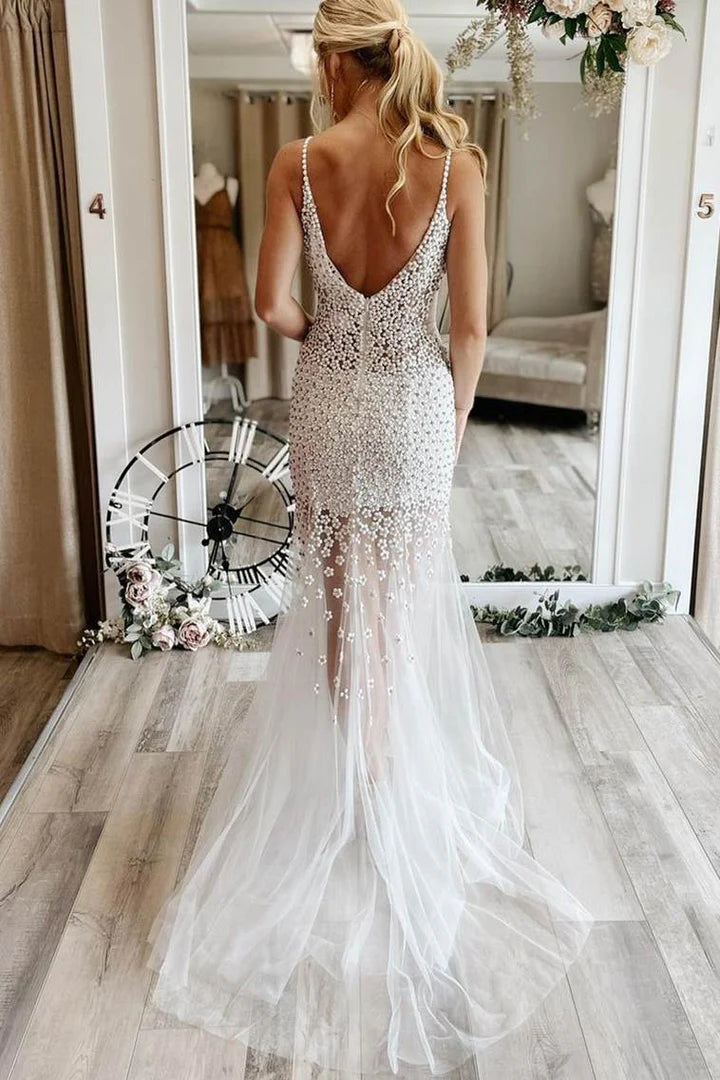 Vestido de fiesta largo de sirena con tirantes finos, tul transparente, margaritas y flores, con cuentas