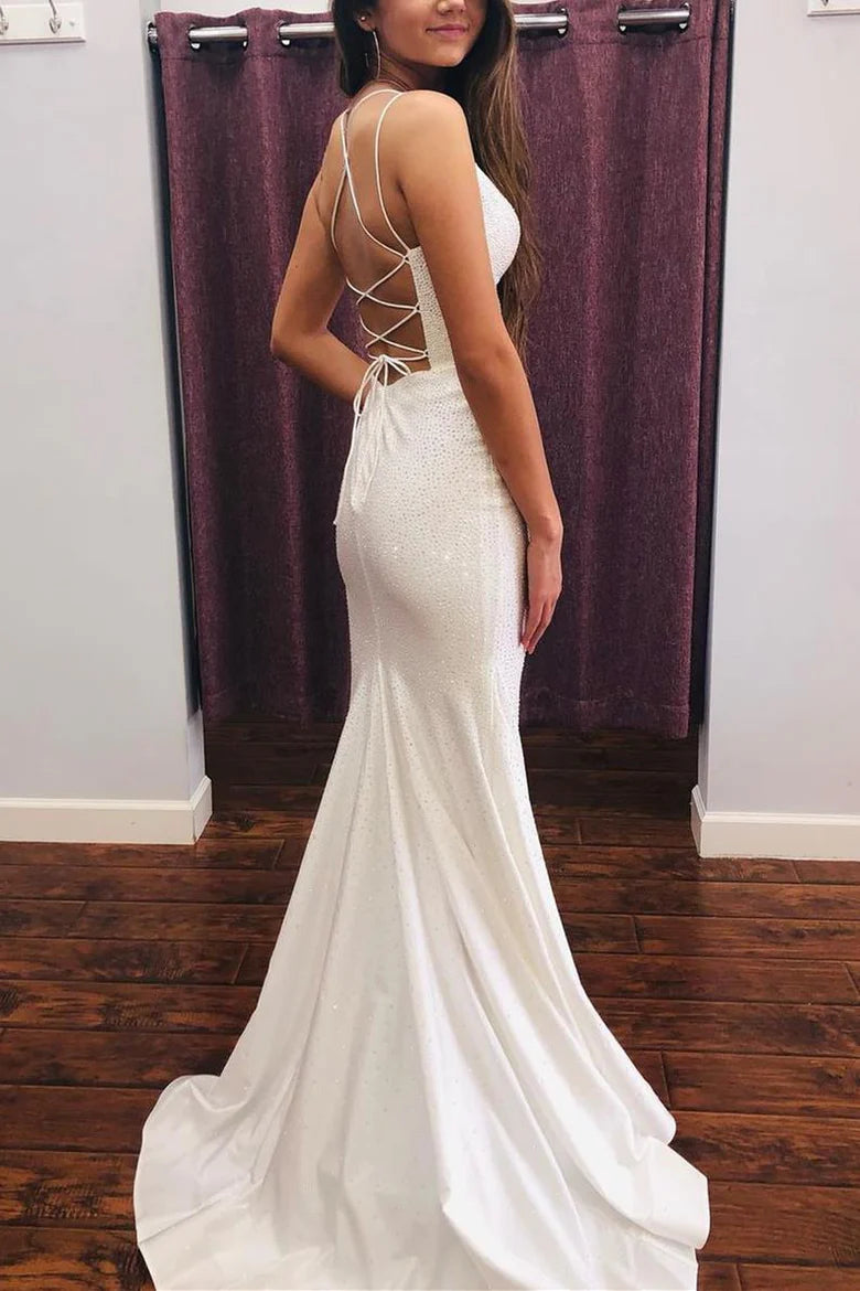 Open Back Beaded Long Prom Dress