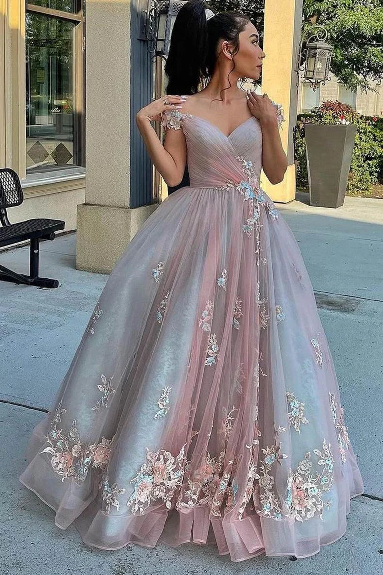 Off the Shoulder Applique Long Prom Dress