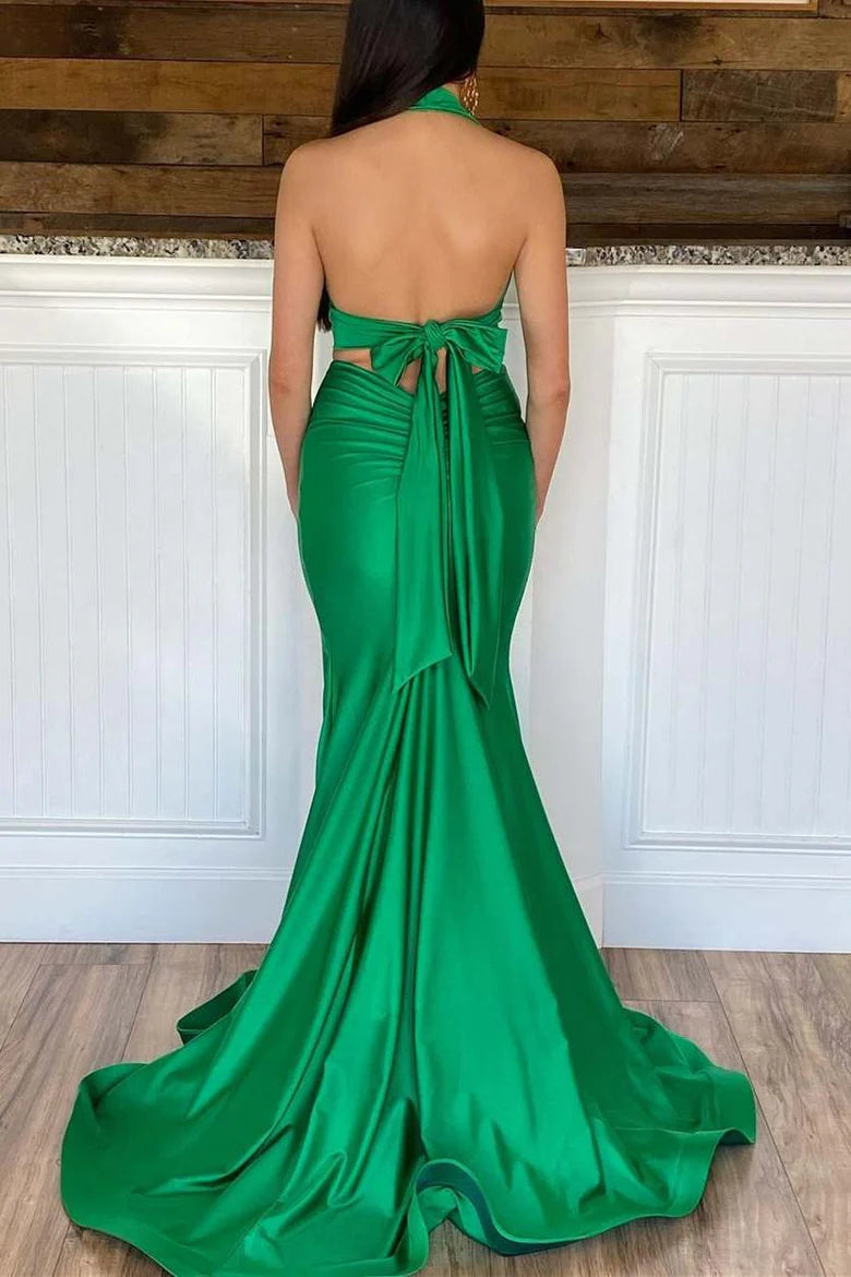 Vestido de fiesta largo de dos piezas con cuello halter y corte sirena