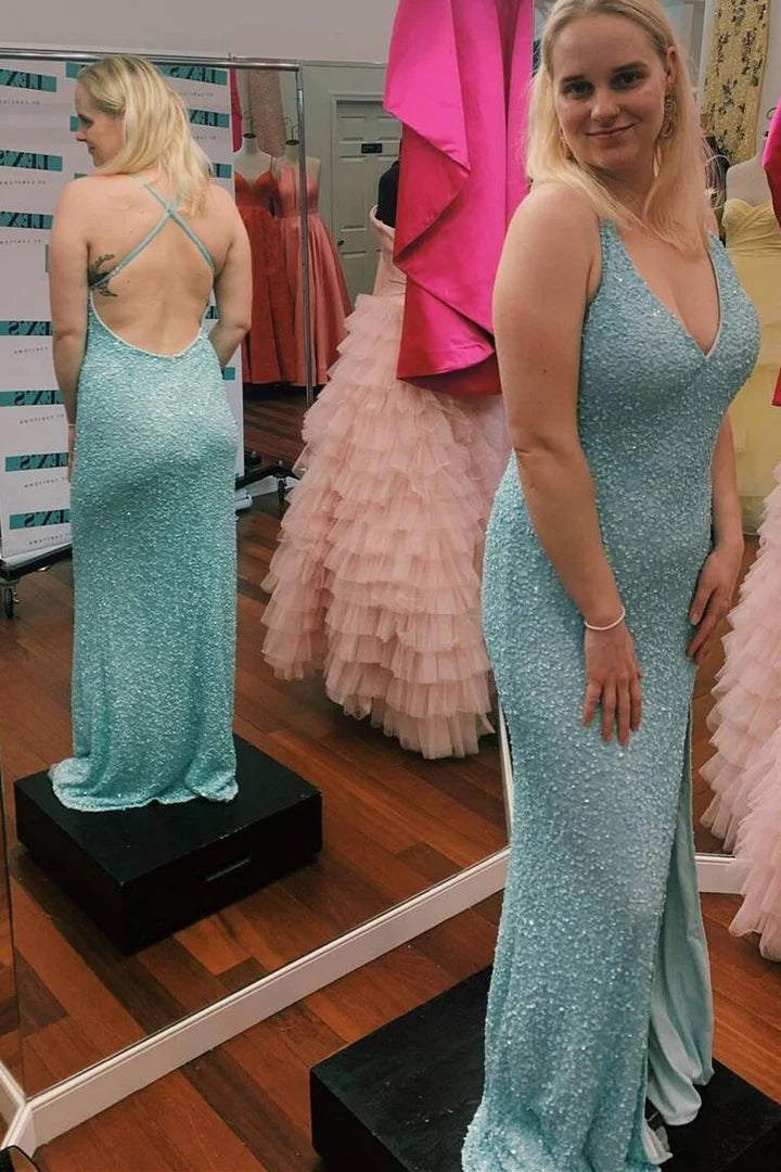 Vestido de fiesta largo de sirena con lentejuelas