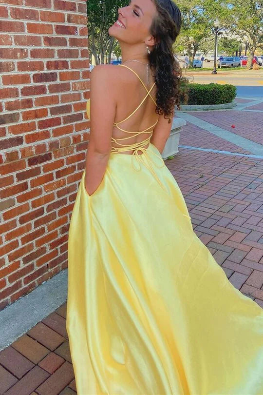 Backless Spaghetti Straps Simple Empire Long Prom Dress With Train
