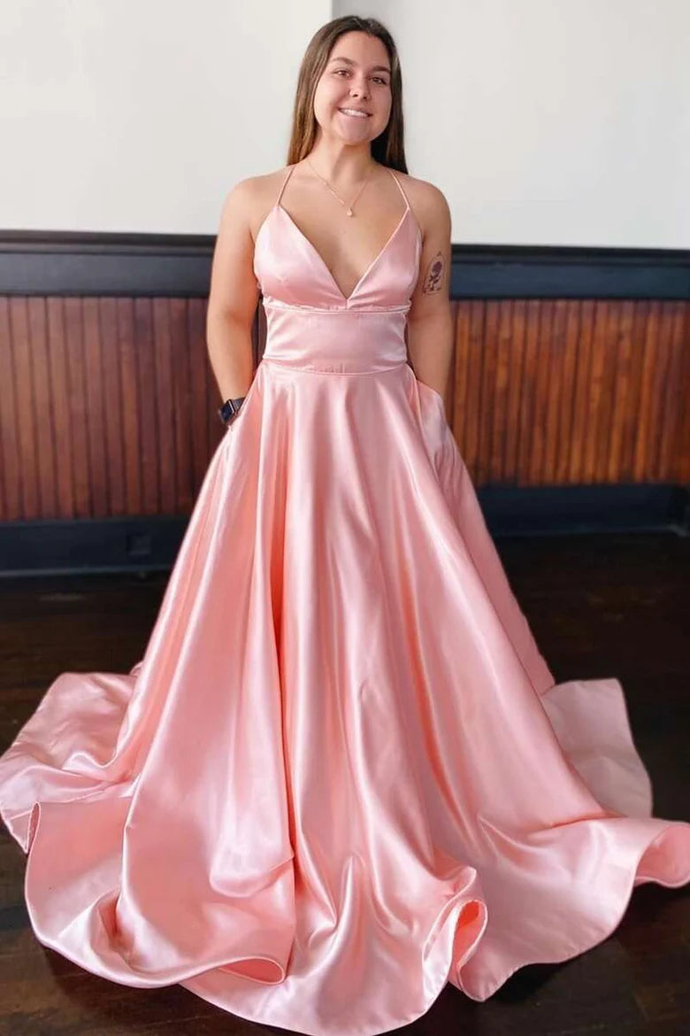 Backless Spaghetti Straps Simple Empire Long Prom Dress With Train