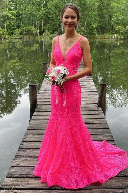Spaghetti Straps Trumpet Lace Open Back Long Prom Dress With Train