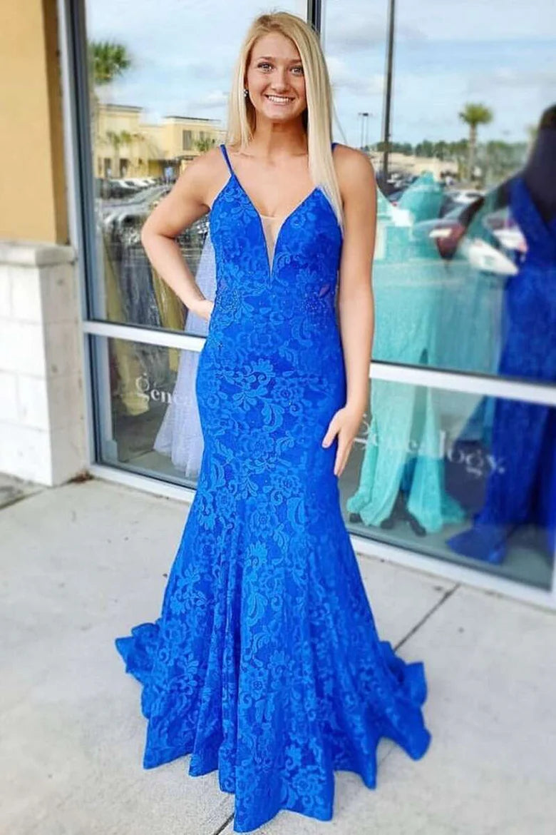 Spaghetti Straps Trumpet Lace Open Back Long Prom Dress With Train