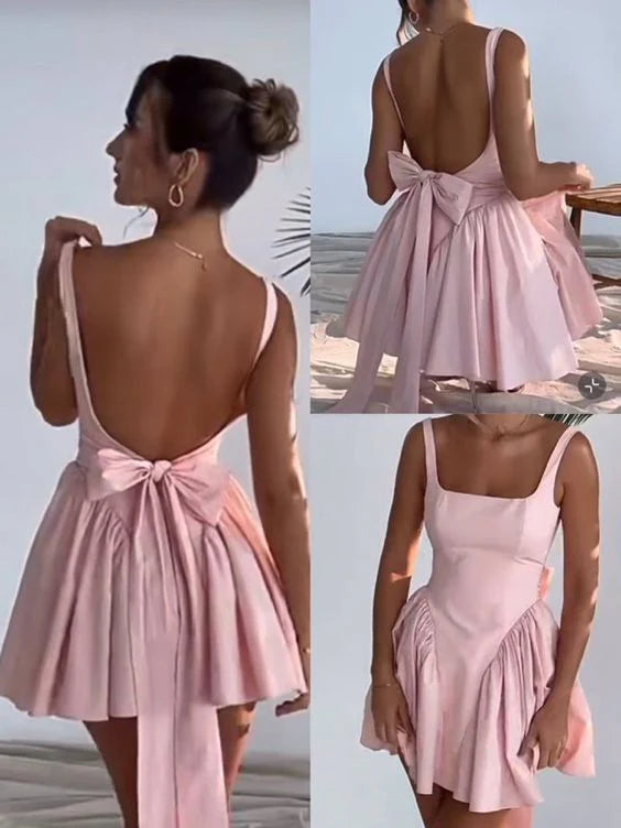 Pleated Mini Strap Dress Short Backless Prom Dress