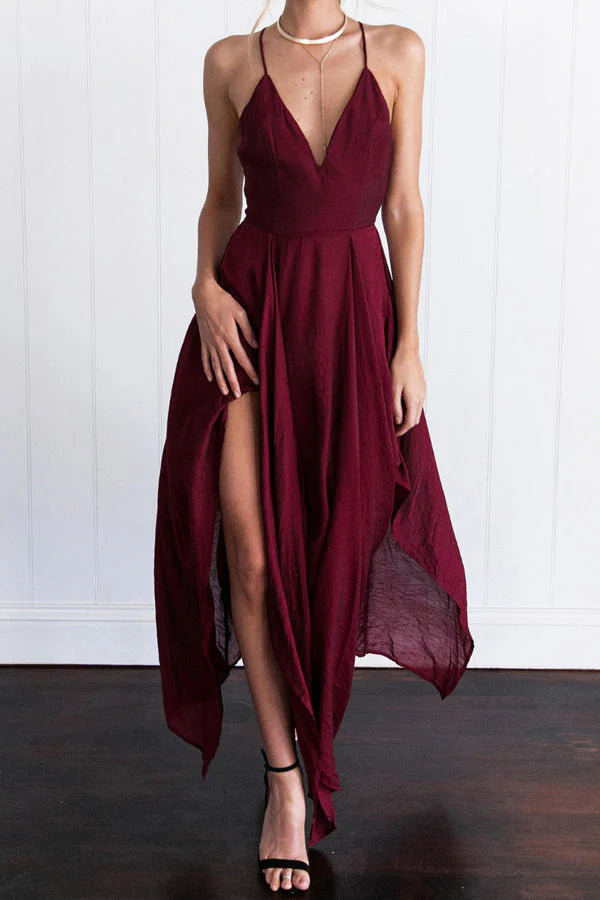 Asymmetrical Deep V Neck Sleeveless Backless Side Slit Prom Dresses