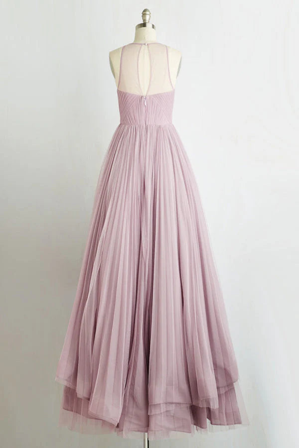 A Line Sleeveless Sheer Back Long Prom Dresses