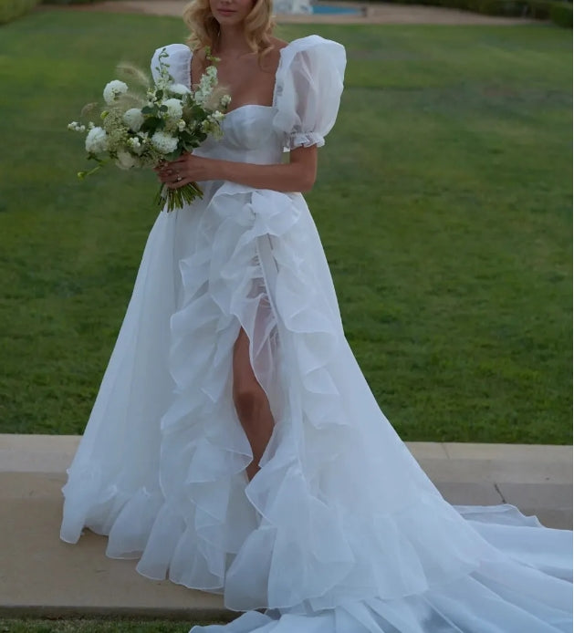 A-line Ruffle Multi Layer Tulle Square Round Neck Sexy High Low Long Prom Dresses With Slit