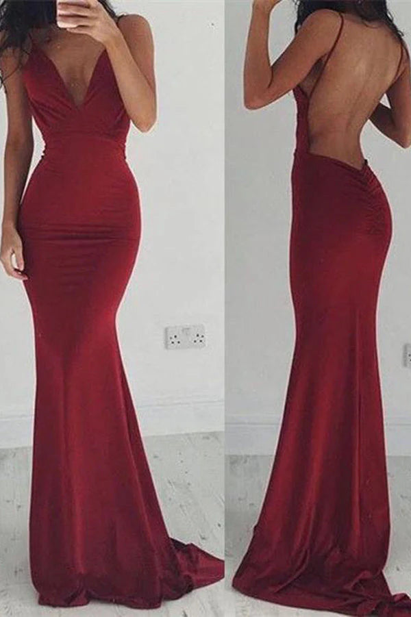Deep V Neck Sleeveless Backless Prom Dresses