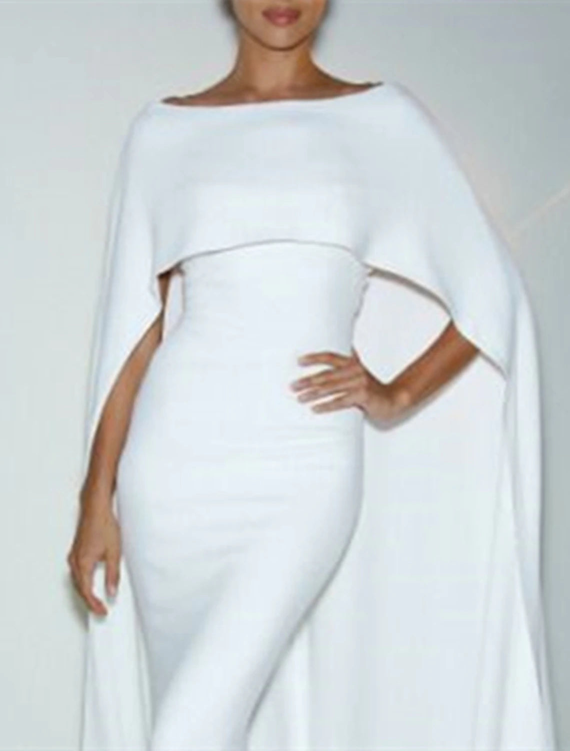 Mermaid Party Dress Evening Gown Maxi Dress Formal Wedding Guest Floor Length Sleeveless Jewel Neck Capes Stretch Chiffon