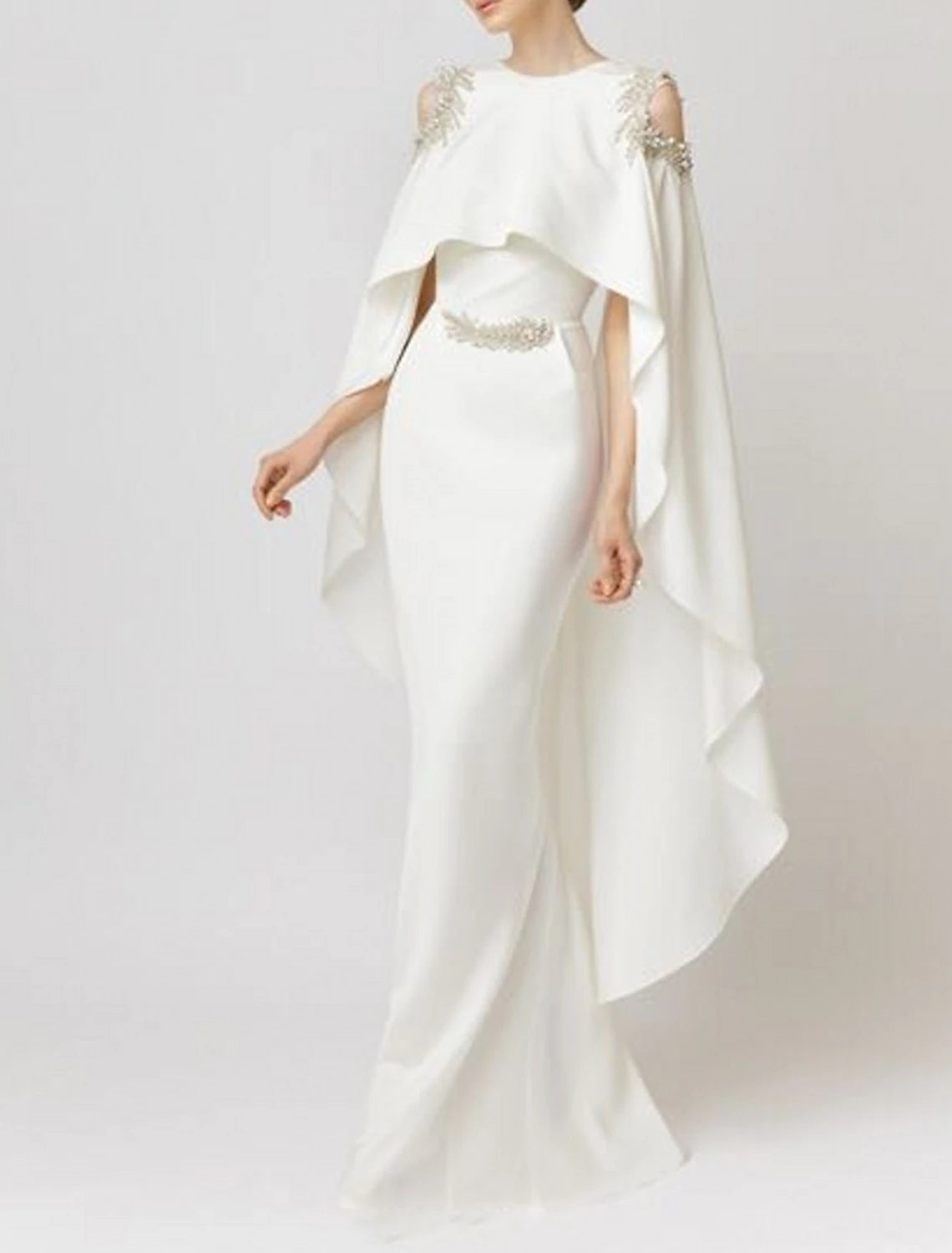 Mermaid / Trumpet Evening Gown Elegant Dress Formal Wedding Guest Floor Length Sleeveless Jewel Neck Capes Stretch Chiffon