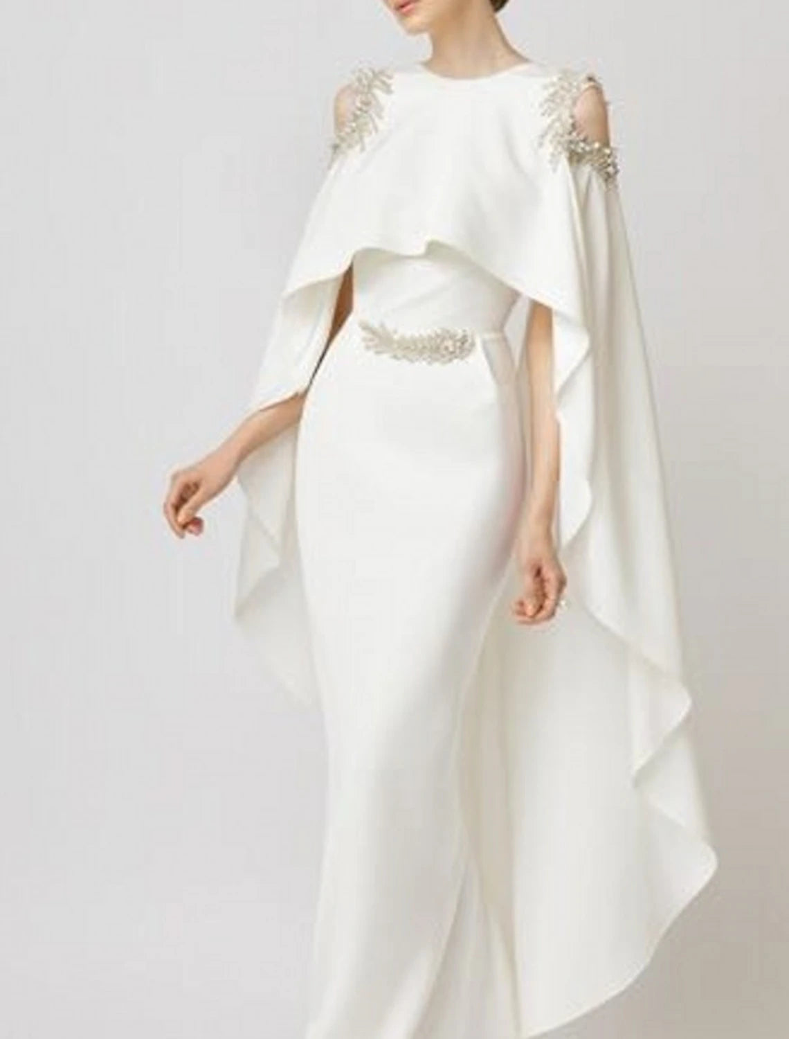 Mermaid / Trumpet Evening Gown Elegant Dress Formal Wedding Guest Floor Length Sleeveless Jewel Neck Capes Stretch Chiffon