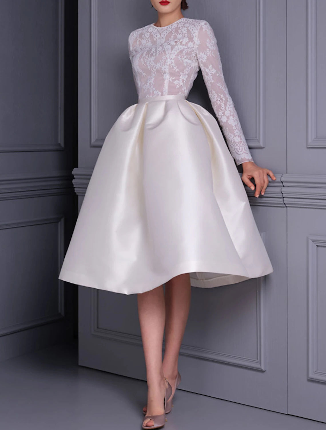 A-Line Cocktail Evening Dresses Elegant Dress Wedding Party Birthday Knee Length Long Sleeve Jewel Neck Fall Wedding Guest Satin