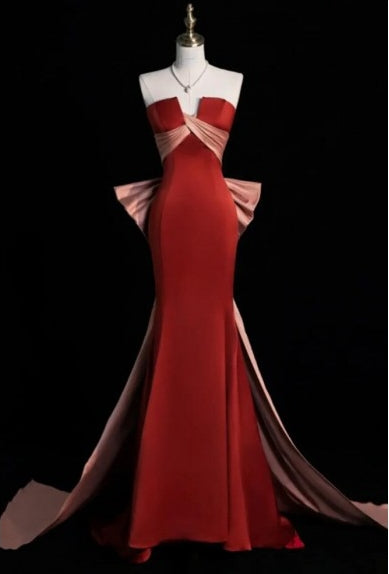 Strapless Corset Mermaid Satin Prom Evening Dress with Bow Streamer
