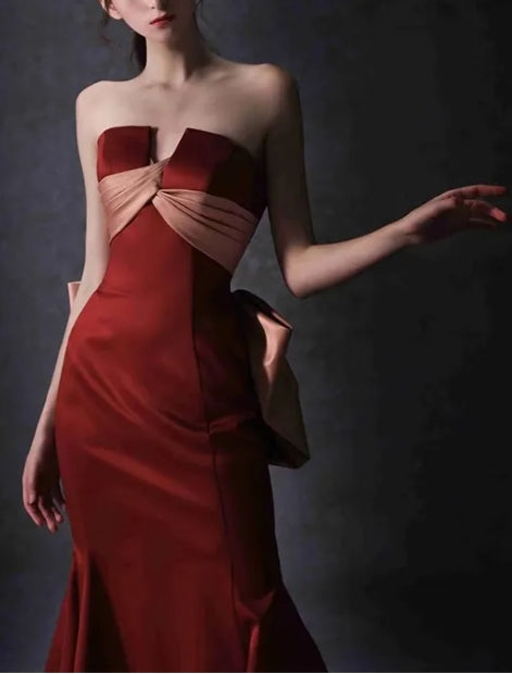 Strapless Corset Mermaid Satin Prom Evening Dress with Bow Streamer