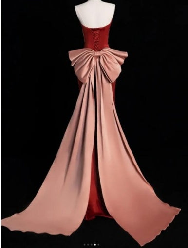 Strapless Corset Mermaid Satin Prom Evening Dress with Bow Streamer
