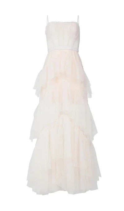 Spaghetti Straps Multi Layer Tiered Ruffle Floor Length Tulle Evening Prom Dress