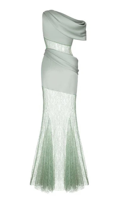 One Shoulder Lace Cutout Waist Prom Dress