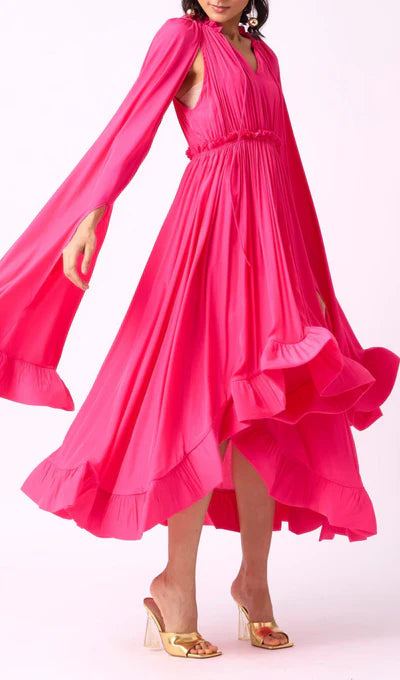 A-line V Neck Pleated Tea Length Long Sleeves Prom Dress
