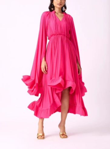 A-line V Neck Pleated Tea Length Long Sleeves Prom Dress