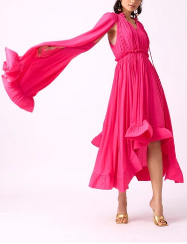 A-line V Neck Pleated Tea Length Long Sleeves Prom Dress