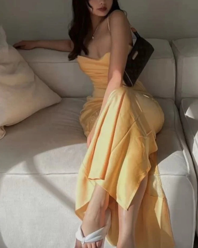 Spaghetti Straps Open Back Slit Prom Dress With Cutout Lace Leg