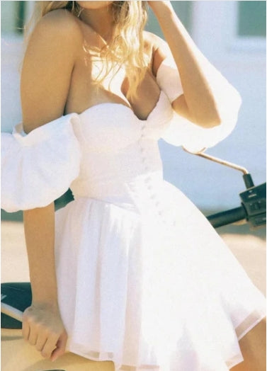 Tulle Off-the-Shoulder Strapless Puff Sleeve Corset Prom Dress