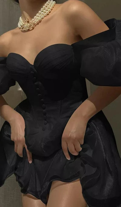 Tulle Off-the-Shoulder Strapless Puff Sleeve Corset Prom Dress