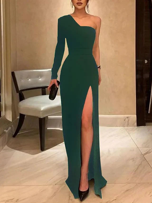 Elegant Floor Length Long Sleeve One Shoulder Wedding Guest Prom Dress With Slit