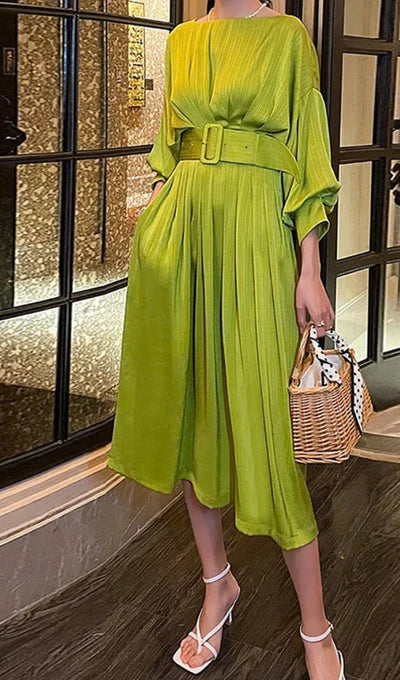 Ruched Satin Prom Dress With Long Sleeves