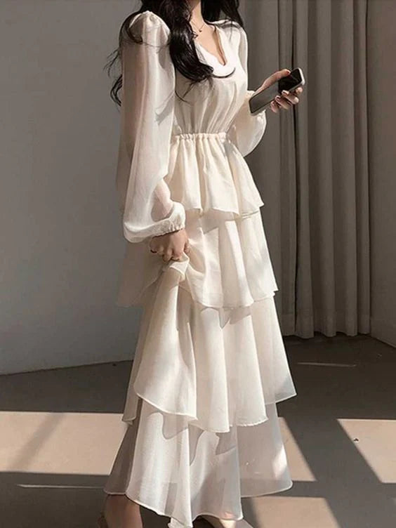V Neck Layered Ruffle Lantern Long Sleeve Cake Prom Dress