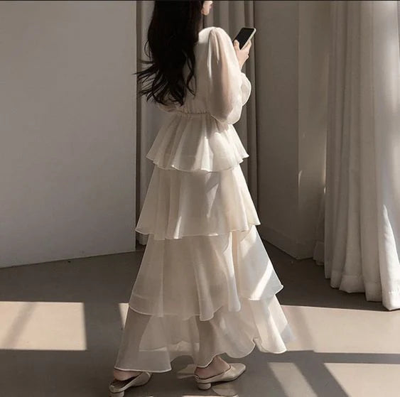 V Neck Layered Ruffle Lantern Long Sleeve Cake Prom Dress