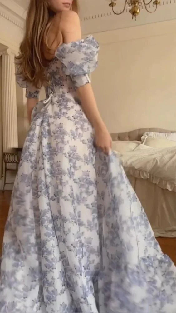 Robe de bal bustier à fleurs et épaules dénudées avec fente