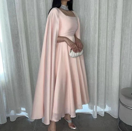 A-line Elegant Chiffon Cape Ankle Length Short Party Long Prom Dresses
