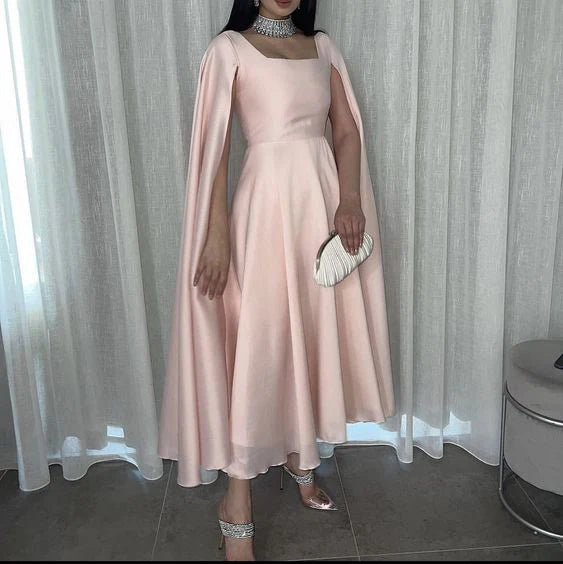 A-line Elegant Chiffon Cape Ankle Length Short Party Long Prom Dresses