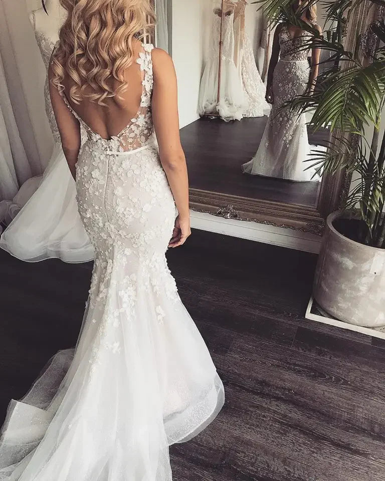 Superbes robes de bal de mariage sirène à traîne avec appliques florales 3D