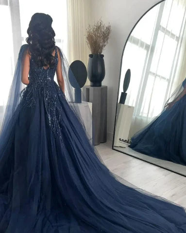 Vestido de noche de fiesta con bordado de cuentas y lentejuelas de corte A