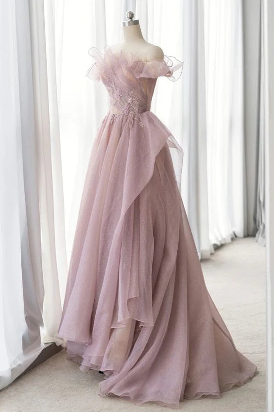 Robe de bal longue trapèze en tulle à épaules dénudées