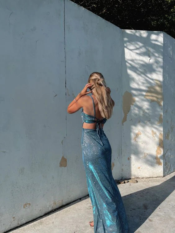 Spaghetti Straps Backless Cutout Waist Prom Dress With Slit ﻿