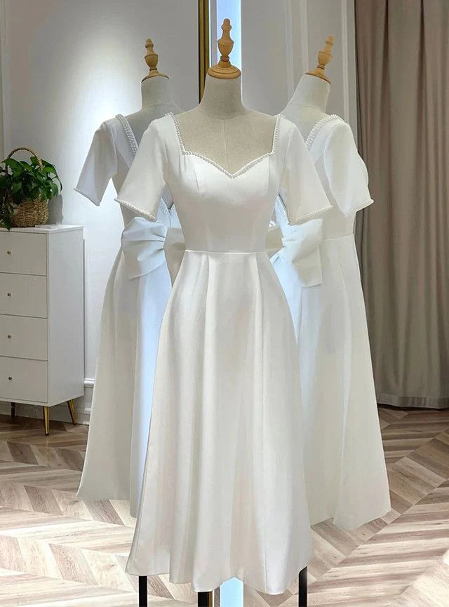 Satin Short Sleeve Short Wedding Dress
