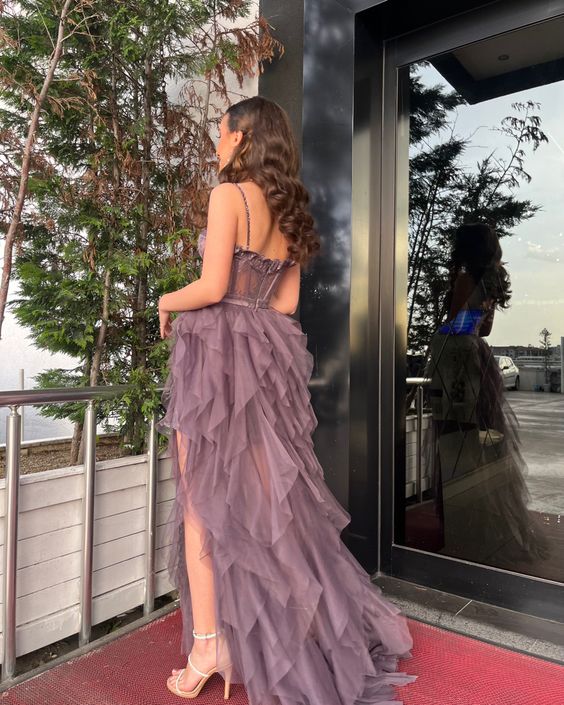 Spaghetti Straps Tulle Backless Party Prom Evening Dress