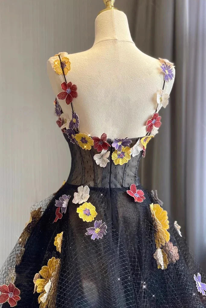 A Line Tulle Prom Dress With Flowers Puffy Dresses