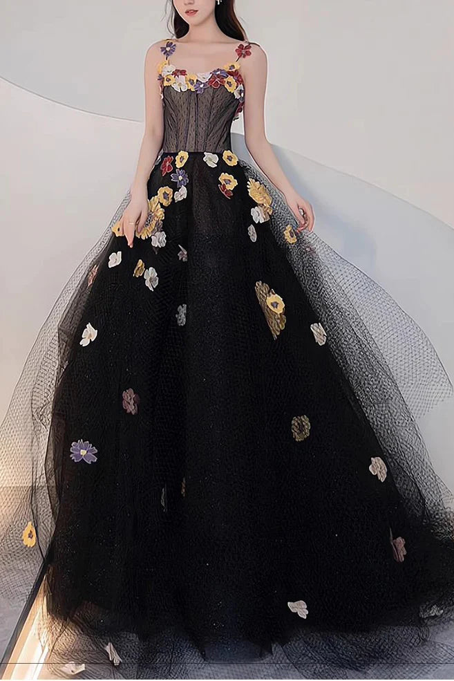 A Line Tulle Prom Dress With Flowers Puffy Dresses
