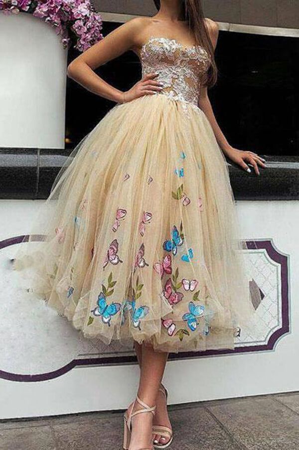 Unique Strapless Sweetheart Butterfly Flower Prom Dresses