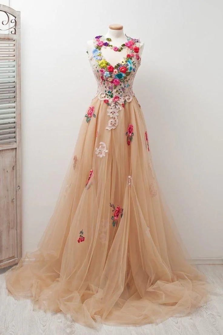 Lovely Open Back Tulle Elegant  Applique Prom Dress